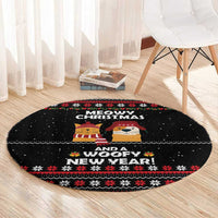 Meowy Christmas Woofy New Year Round Carpet with Cat and Dog in Winter Hats and Festive Pattern Design - Wonder Print Shop