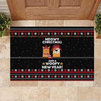 Meowy Christmas Woofy New Year Rubber Doormat with Cat and Dog in Winter Hats and Festive Pattern Design - Wonder Print Shop