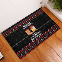 Meowy Christmas Woofy New Year Rubber Doormat with Cat and Dog in Winter Hats and Festive Pattern Design - Wonder Print Shop