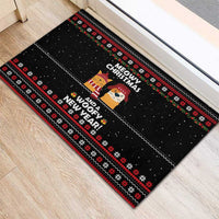 Meowy Christmas Woofy New Year Rubber Doormat with Cat and Dog in Winter Hats and Festive Pattern Design - Wonder Print Shop