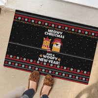 Meowy Christmas Woofy New Year Rubber Doormat with Cat and Dog in Winter Hats and Festive Pattern Design - Wonder Print Shop