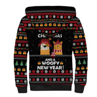 Meowy Christmas Woofy New Year Sherpa Hoodie with Cat and Dog in Winter Hats and Festive Pattern Design - Wonder Print Shop