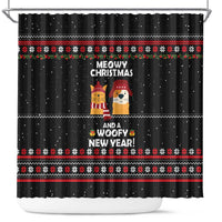 Meowy Christmas Woofy New Year Shower Curtain with Cat and Dog in Winter Hats and Festive Pattern Design - Wonder Print Shop