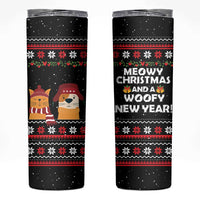Meowy Christmas Woofy New Year Skinny Tumbler with Cat and Dog in Winter Hats and Festive Pattern Design - Wonder Print Shop