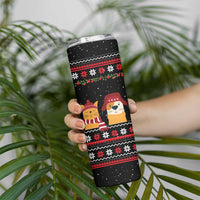 Meowy Christmas Woofy New Year Skinny Tumbler with Cat and Dog in Winter Hats and Festive Pattern Design - Wonder Print Shop