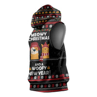 Meowy Christmas Woofy New Year Sleeveless Hoodie with Cat and Dog in Winter Hats and Festive Pattern Design - Wonder Print Shop