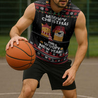 Meowy Christmas Woofy New Year Sleeveless Hoodie with Cat and Dog in Winter Hats and Festive Pattern Design - Wonder Print Shop