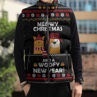 Meowy Christmas Woofy New Year Sleeveless Puffer Jacket with Cat and Dog in Winter Hats and Festive Pattern Design - Wonder Print Shop