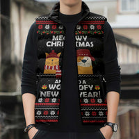 Meowy Christmas Woofy New Year Sleeveless Puffer Jacket with Cat and Dog in Winter Hats and Festive Pattern Design - Wonder Print Shop
