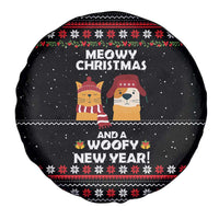 Meowy Christmas Woofy New Year Spare Tire Cover with Cat and Dog in Winter Hats and Festive Pattern Design - Wonder Print Shop