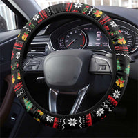Meowy Christmas Woofy New Year Steering Wheel Cover with Cat and Dog in Winter Hats and Festive Pattern Design - Wonder Print Shop