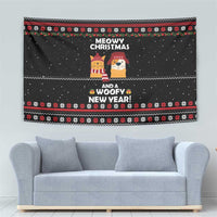 Meowy Christmas Woofy New Year Tapestry with Cat and Dog in Winter Hats and Festive Pattern Design - Wonder Print Shop