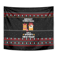 Meowy Christmas Woofy New Year Tapestry with Cat and Dog in Winter Hats and Festive Pattern Design - Wonder Print Shop