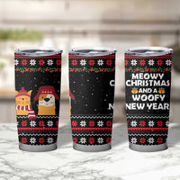Meowy Christmas Woofy New Year Tumbler Cup with Cat and Dog in Winter Hats and Festive Pattern Design - Wonder Print Shop