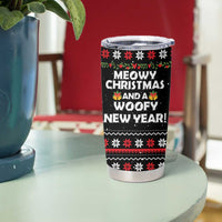 Meowy Christmas Woofy New Year Tumbler Cup with Cat and Dog in Winter Hats and Festive Pattern Design - Wonder Print Shop