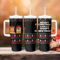 Meowy Christmas Woofy New Year Tumbler With Handle with Cat and Dog in Winter Hats and Festive Pattern Design - Wonder Print Shop