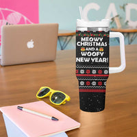 Meowy Christmas Woofy New Year Tumbler With Handle with Cat and Dog in Winter Hats and Festive Pattern Design - Wonder Print Shop