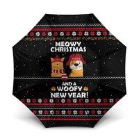 Meowy Christmas Woofy New Year Umbrella with Cat and Dog in Winter Hats and Festive Pattern Design - Wonder Print Shop