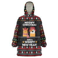 Meowy Christmas Woofy New Year Wearable Blanket Hoodie with Cat and Dog in Winter Hats and Festive Pattern Design - Wonder Print Shop