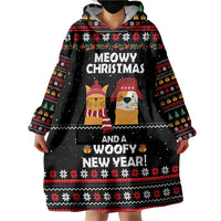 Meowy Christmas Woofy New Year Wearable Blanket Hoodie with Cat and Dog in Winter Hats and Festive Pattern Design - Wonder Print Shop