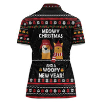 Meowy Christmas Woofy New Year Women Polo Shirt with Cat and Dog in Winter Hats and Festive Pattern Design - Wonder Print Shop