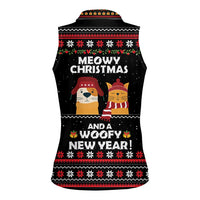 Meowy Christmas Woofy New Year Women Sleeveless Polo Shirt with Cat and Dog in Winter Hats and Festive Pattern Design - Wonder Print Shop