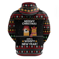 Meowy Christmas Woofy New Year Zip Hoodie with Cat and Dog in Winter Hats and Festive Pattern Design - Wonder Print Shop