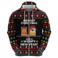 Meowy Christmas Woofy New Year Zip Hoodie with Cat and Dog in Winter Hats and Festive Pattern Design - Wonder Print Shop