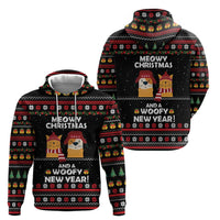 Meowy Christmas Woofy New Year Zip Hoodie with Cat and Dog in Winter Hats and Festive Pattern Design - Wonder Print Shop