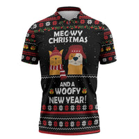 Meowy Christmas Woofy New Year Zipper Polo Shirt with Cat and Dog in Winter Hats and Festive Pattern Design - Wonder Print Shop