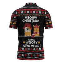 Meowy Christmas Woofy New Year Zipper Polo Shirt with Cat and Dog in Winter Hats and Festive Pattern Design - Wonder Print Shop