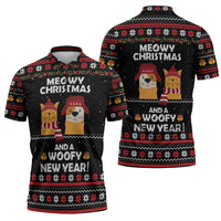 Meowy Christmas Woofy New Year Zipper Polo Shirt with Cat and Dog in Winter Hats and Festive Pattern Design - Wonder Print Shop
