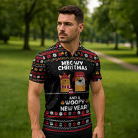 Meowy Christmas Woofy New Year Zipper Polo Shirt with Cat and Dog in Winter Hats and Festive Pattern Design - Wonder Print Shop