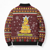 Merry Chickmas Christmas Bomber Puffer Jacket with Yellow Chickens Tree Design and Snowflake Pattern - Wonder Print Shop