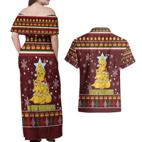 Merry Chickmas Christmas Couples Matching Off Shoulder Maxi Dress and Hawaiian Shirt with Yellow Chickens Tree Design and Snowflake Pattern - Wonder Print Shop