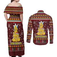 Merry Chickmas Christmas Couples Matching Off Shoulder Maxi Dress and Long Sleeve Button Shirt with Yellow Chickens Tree Design and Snowflake Pattern - Wonder Print Shop