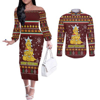 Merry Chickmas Christmas Couples Matching Off The Shoulder Long Sleeve Dress and Long Sleeve Button Shirt with Yellow Chickens Tree Design and Snowflake Pattern - Wonder Print Shop