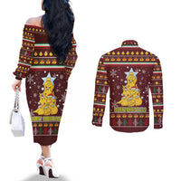 Merry Chickmas Christmas Couples Matching Off The Shoulder Long Sleeve Dress and Long Sleeve Button Shirt with Yellow Chickens Tree Design and Snowflake Pattern - Wonder Print Shop