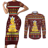 Merry Chickmas Christmas Couples Matching Short Sleeve Bodycon Dress and Long Sleeve Button Shirt with Yellow Chickens Tree Design and Snowflake Pattern - Wonder Print Shop