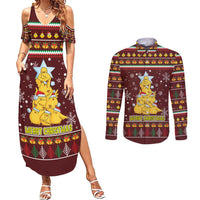 Merry Chickmas Christmas Couples Matching Summer Maxi Dress and Long Sleeve Button Shirt with Yellow Chickens Tree Design and Snowflake Pattern - Wonder Print Shop