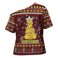 Merry Chickmas Christmas Cross Shoulder Shirt with Yellow Chickens Tree Design and Snowflake Pattern - Wonder Print Shop