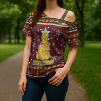 Merry Chickmas Christmas Cross Shoulder Shirt with Yellow Chickens Tree Design and Snowflake Pattern - Wonder Print Shop