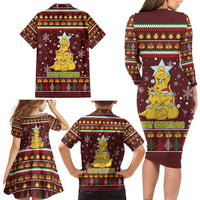 Merry Chickmas Christmas Family Matching Long Sleeve Bodycon Dress and Hawaiian Shirt with Yellow Chickens Tree Design and Snowflake Pattern - Wonder Print Shop