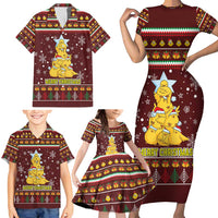 Merry Chickmas Christmas Family Matching Short Sleeve Bodycon Dress and Hawaiian Shirt with Yellow Chickens Tree Design and Snowflake Pattern - Wonder Print Shop