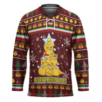 Merry Chickmas Christmas Hockey Jersey with Yellow Chickens Tree Design and Snowflake Pattern - Wonder Print Shop