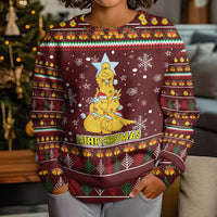 Merry Chickmas Christmas Kid Ugly Christmas Sweater with Yellow Chickens Tree Design and Snowflake Pattern - Wonder Print Shop