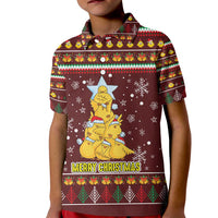 Merry Chickmas Christmas Kid Polo Shirt with Yellow Chickens Tree Design and Snowflake Pattern - Wonder Print Shop