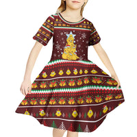 Merry Chickmas Christmas Kid Short Sleeve Dress with Yellow Chickens Tree Design and Snowflake Pattern - Wonder Print Shop