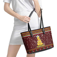 Merry Chickmas Christmas Leather Tote Bag with Yellow Chickens Tree Design and Snowflake Pattern - Wonder Print Shop
