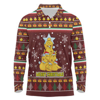 Merry Chickmas Christmas Long Sleeve Polo Shirt with Yellow Chickens Tree Design and Snowflake Pattern - Wonder Print Shop